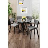 Canisa Agnes Serisi 90x90 cm Yuvarlak Siyah Mermer Desen Masa Takımı, 4 Gri Sandalye