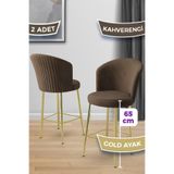 Canisa Alte Serisi 2 Adet Babyface Kumaş 65 cm Gold Kaplama Ayaklı Bar Sandalyesi - Kahverengi