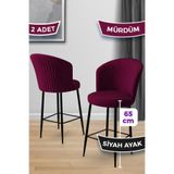 Canisa Alte Serisi 2 Adet Mürdüm Bar Sandalyesi, 65 cm, Babyface Kumaş, Siyah Metal Ayak