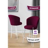 Canisa Alte Serisi 2 Adet Mürdüm Sandalye 65 Cm Ada Mutfak Bar Sandalyesi Babyface Kumaş Beyaz Metal Ayak