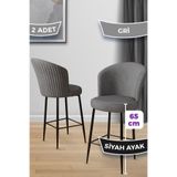 Canisa Alte Serisi 2 Gri Sandalye, 65 cm, Ada Mutfak Bar Sandalyesi, Babyface Kumaş, Siyah Metal Ayaklı, Set of 2