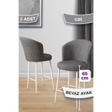 Canisa Alte Serisi 2'li Gri Sandalye, 65 cm Yükseklik, Babyface Kumaş, Beyaz Metal Ayaklı, Mutfak Bar Sandalyesi