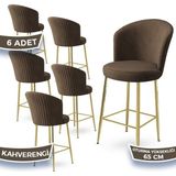 Canisa Alte Serisi 6 Adet Babyface Kumaş 65 cm Gold Kaplama Ayaklı Bar Sandalyesi - Kahverengi