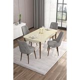 Canisa Are Serisi 80x132 Mdf Açılabilir Krem Masa Ceviz Ayak Masa Takımı Ve 4 Gri Sandalye