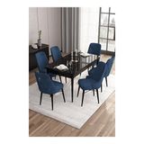 Canisa Are Serisi 80x132 MDF Açılabilir Siyah Mermer Desen Masa Takımı Gold Halkalı Lacivert 6 Sandalye