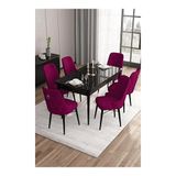 Canisa Are Serisi 80x132 MDF Açılabilir Siyah Mermer Desen Masa Takımı Gold Halkalı Mürdüm 6 Sandalye