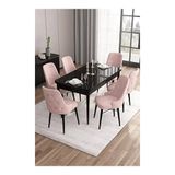 Canisa Are Serisi 80x132 MDF Açılabilir Siyah Mermer Desen Masa Takımı Gold Halkalı Pembe 6 Sandalye