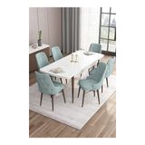 Canisa Are Serisi Beyaz Masa Ceviz Ayak MDF 80x132 Açılabilir Yemek Odası Takımı Gold Halkalı Su Yeşili 6 Sandalye