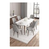 Canisa Are Serisi Beyaz Masa Ceviz Ayak MDF 80x132 Açılabilir Yemek Odası Takımı Gümüş Halkalı Gri 4 Sandalye