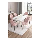 Canisa Are Serisi Beyaz Masa Ceviz Ayak MDF 80x132 Açılabilir Yemek Odası Takımı Gümüş Halkalı Pembe 4 Sandalye