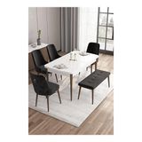 Canisa Are Serisi Beyaz Masa Ceviz Ayak MDF 80x132 Açılabilir Yemek Odası Takımı Gümüş Halkalı Siyah 4 Sandalye