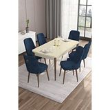 Canisa Are Serisi Krem 80x132 Mdf Açılabilir Yemek Odası Takımı 6 Lacivert Sandalye Gold Halka Ceviz Ayak