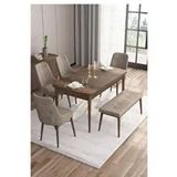Canisa Are Serisi MDF 80x132 cm Açılabilir Barok Ahşap Desen 4 Sandalye Gold Halkalı ve 1 Bench Cappucino Mutfak Masası Takımı