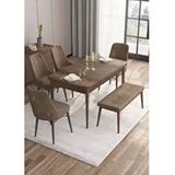 Canisa Are Serisi MDF 80x132 cm Açılabilir Barok Ahşap Desen 4 Sandalye Gold Halkalı ve 1 Bench Kahverengi Mutfak Masası Takımı