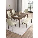 Canisa Are Serisi MDF 80x132 cm Açılabilir Barok Ahşap Desen 4 Sandalye Gold Halkalı ve 1 Bench Krem Mutfak Masası Takımı