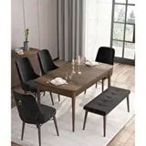 Canisa Are Serisi MDF 80x132 cm Açılabilir Barok Ahşap Desen 4 Sandalye Gold Halkalı ve 1 Bench Siyah Mutfak Masası Takımı