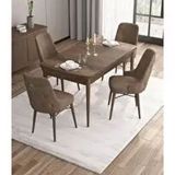 Canisa Are Serisi MDF 80x132 cm Açılabilir Barok Ahşap Desen 4 Sandalye Gümüş Halkalı Kahverengi Mutfak Masası Takımı