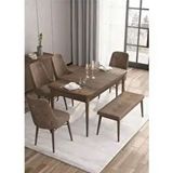 Canisa Are Serisi MDF 80x132 cm Açılabilir Barok Ahşap Desen 4 Sandalye Gümüş Halkalı ve 1 Bench Kahverengi Mutfak Masası Takımı