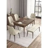 Canisa Are Serisi MDF 80x132 cm Açılabilir Barok Ahşap Desen 4 Sandalye Gümüş Halkalı ve 1 Bench Krem Mutfak Masası Takımı