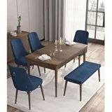 Canisa Are Serisi MDF 80x132 cm Açılabilir Barok Ahşap Desen 4 Sandalye Gümüş Halkalı ve 1 Bench Lacivert Mutfak Masası Takımı