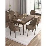 Canisa Are Serisi MDF 80x132 cm Açılabilir Barok Ahşap Desen 6 Sandalye Gold Halkalı Kahverengi Mutfak Masası Takımı