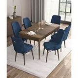 Canisa Are Serisi MDF 80x132 cm Açılabilir Barok Ahşap Desen 6 Sandalye Gold Halkalı Lacivert Mutfak Masası Takımı