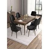Canisa Are Serisi MDF 80x132 cm Açılabilir Barok Ahşap Desen 6 Sandalye Gold Halkalı Siyah Mutfak Masası Takımı