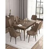 Canisa Are Serisi MDF 80x132 cm Açılabilir Barok Ahşap Desen 6 Sandalye Gümüş Halkalı Kahverengi Mutfak Masası Takımı