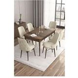 Canisa Are Serisi MDF 80x132 cm Açılabilir Barok Ahşap Desen 6 Sandalye Gümüş Halkalı Krem Mutfak Masası Takımı