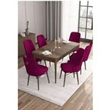 Canisa Are Serisi MDF 80x132 cm Açılabilir Barok Ahşap Desen 6 Sandalye Gümüş Halkalı Mürdüm Mutfak Masası Takımı