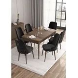 Canisa Are Serisi MDF 80x132 cm Açılabilir Barok Ahşap Desen 6 Sandalye Gümüş Halkalı Siyah Mutfak Masası Takımı