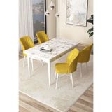 Canisa Arp Serisi 70x110 cm Sabit Mutfak Masası Takımı, Beyaz Mermer Desen Masa, 4 Hardal Sarısı Sandalye