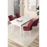 Canisa Arp Serisi 70X110 Sabit Mutfak Masası Takımı Beyaz Mermer Desen Masa 4 Bordo Sandalye