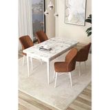 Canisa Arp Serisi 70X110 Sabit Mutfak Masası Takımı Beyaz Mermer Desen Masa 4 Kiremit Sandalye