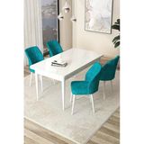 Canisa Arp Serisi, Beyaz Masa 71X110 Sabit Yemek Odası Takımı, 4 Turkuaz Sandalye