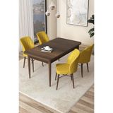 Canisa Arp Serisi Sabit Mutfak Masası Takımı, 70x114 cm, Barok Ahşap Desen Masa, 4 Hardal Sandalye