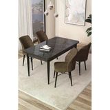 Canisa Arp Serisi, Siyah Mermer Desen Masa 71X110 Sabit Mutfak Masa Takımı, 4 Kahve Sandalye