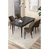 Canisa Arp Serisi Siyah Mermer Desen Sabit Mutfak Masası 71x110 cm, 4 Kahve Flex Sandalye Takımı