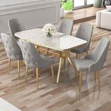 Canisa Asel Serisi 90 x 160 cm Lak Panel Beyaz Mermer Desen Gold Kaplama Ayaklı Masa Takımı Ve 6 Sandalye - Gri