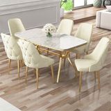 Canisa Asel Serisi 90 x 160 cm Lak Panel Beyaz Mermer Desen Gold Kaplama Ayaklı Masa Takımı Ve 6 Sandalye - Krem