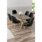 Canisa Asel Serisi 90x160 cm Antrasit İroni Masa, Gold Kaplama Ayaklı, 6 Siyah Sandalye Takımı