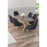 Canisa Asel Serisi 90x160 cm Lak Panel Antrasit İroni Masa, Gold Kaplama Ayaklı, 6 Antrasit Sandalye Takımı