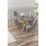 Canisa Asel Serisi 90x160 cm Lak Panel Antrasit İroni Masa, Gold Kaplama Ayaklı, 6 Gri Sandalyeli Yemek Odası Takımı