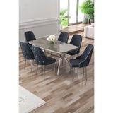 Canisa Asel Serisi 90x160 cm Lak Panel Antrasit Masa, Krom Ayaklı, 6 Antrasit Sandalye Takımı