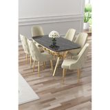 Canisa Asel Serisi 90x160 cm Siyah Mermer Desen Masa, Gold Detaylı, 6 Krem Sandalyeli Yemek Odası Takımı