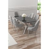 Canisa Asel Serisi 90x160 cm Siyah Mermer Desen Masa Takımı, 6 Gri Sandalye, Krom Detay