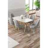Canisa Asel Serisi 90x160 Lak Panel Beyaz Mermer Desen Gold Kaplama Ayaklı Masa Takımı ve 6 Gri Sandalye