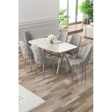 Canisa Asel Serisi 90X160 Lak Panel Beyaz Mermer Desen Krom Ayaklı Masa Takımı Ve 6 Gri Sandalye
