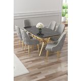 Canisa Asel Serisi 90x160 Lak Panel Siyah Mermer Desen Gold Detay Masa Takımı ve 6 Gri Sandalye
