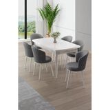 Canisa Asfel Serisi MDF 77x130 Beyaz Yandan Açılabilir Mutfak Masası Takımı 6 Gri Sandalye